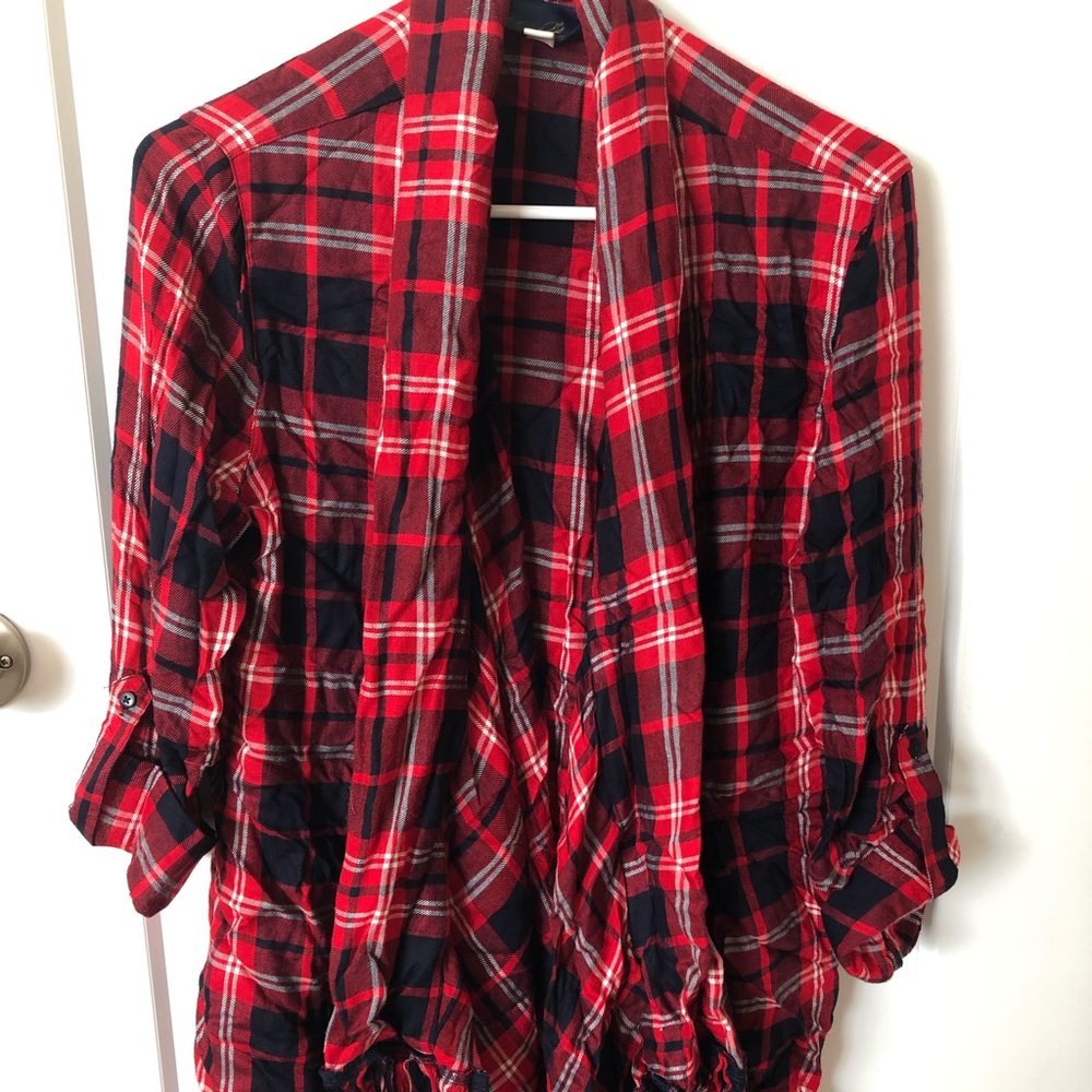 Plaid Fringe Cuffed Shaw/Shirt